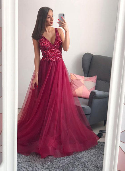 Burgundy V Neck Glitter Beaded Best Prom Dresses Tulle With Sequins Evening Dresses For Women