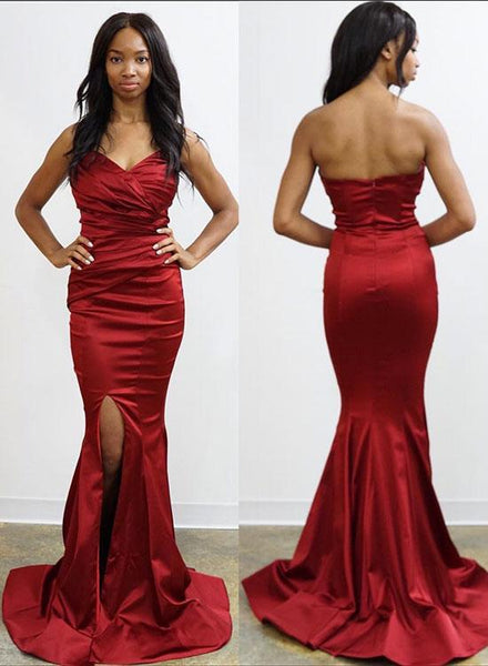 Burgundy Strapless Bodycon Slit Prom Dresses Mermaid Open Back Evening Dresses Online