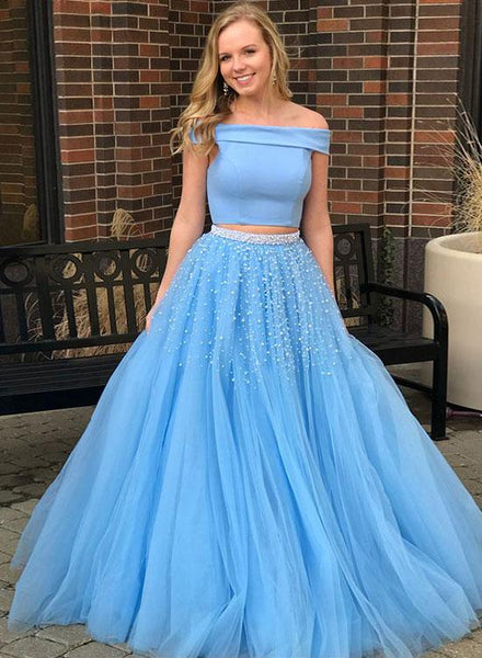 Sky Blue Two Piece Off The Shoulder Tulle Prom Dresses With Beadings Evening Dresses