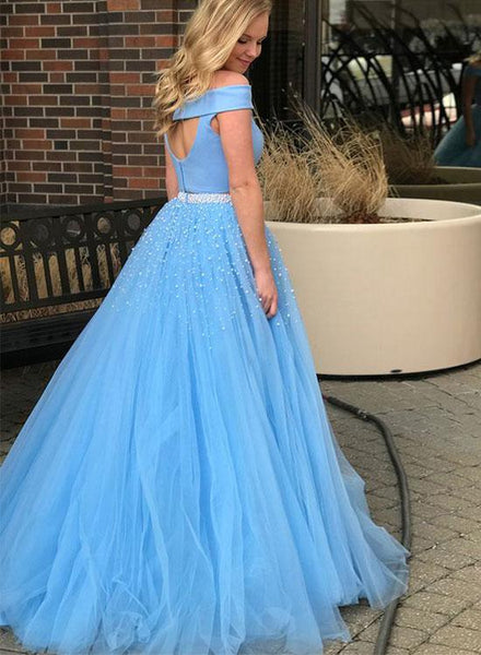 Sky Blue Two Piece Off The Shoulder Tulle Prom Dresses With Beadings Evening Dresses