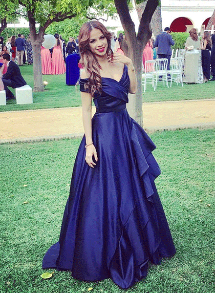 Dark Blue V Neck Stain Long Prom Dresses Simple Evening Dresses For Women