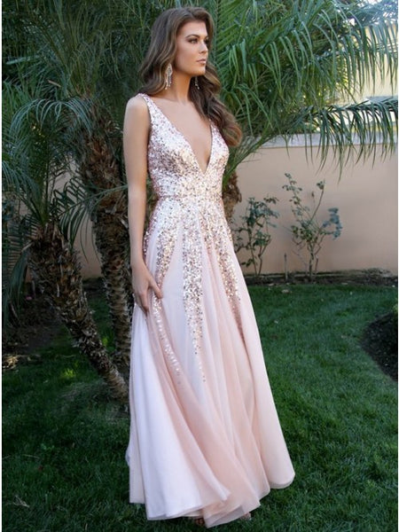 Pink Tulle Deep V Neck Backless Prom Dresses With Sequins Golden Evening Dresses