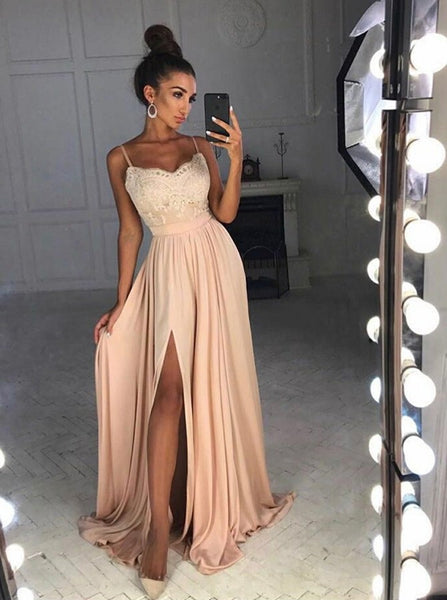 Spaghetti Straps Champagne Appliques Stain Prom Dresses With Slit Evening Dresses