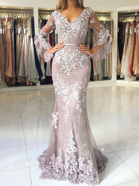 Mermaid V Neck Half Sleeves Long Prom Dresses With Train Tulle Sheath Evening Dresses