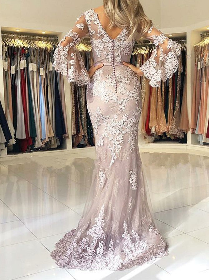 Mermaid V Neck Half Sleeves Long Prom Dresses With Train Tulle Sheath –  Hoprom