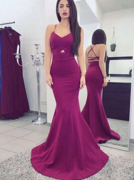 Sweep Train Grape Spaghetti Straps V Neck Long Prom Dresses Sheath Open Back Evening Dresses