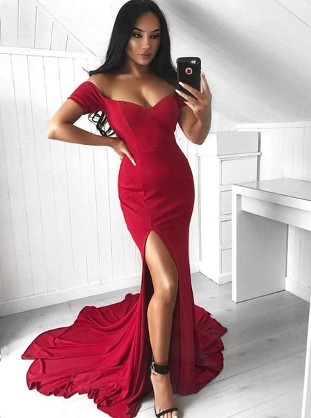 Red Off The Shoulder Stain Bodycon Long Prom Dresses Short Sleeves Mermaid Slit Evening Dresses