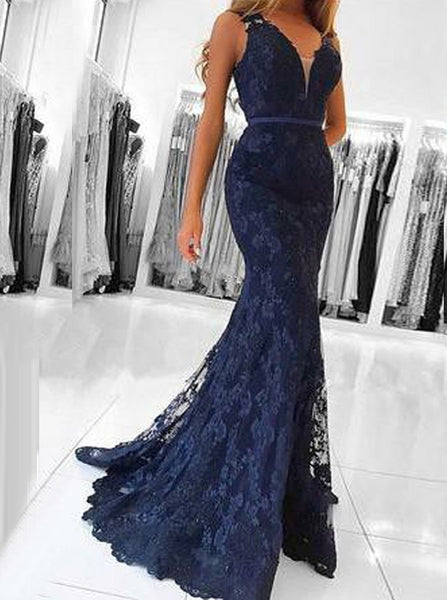 Dark Blue Elegant Sheath V Neck Long Prom Dresses Mermaid Lace With Appliques Evening Dresses