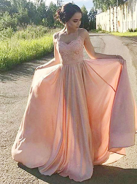 Spaghetti Straps Peach Pink Long Prom Dresses With Appliques Evening Dresses For Women Online