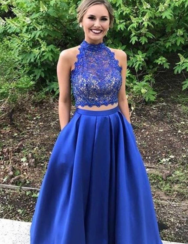 Two Piece Royal Blue High Halter Prom Dresses Lace Stain Evening
