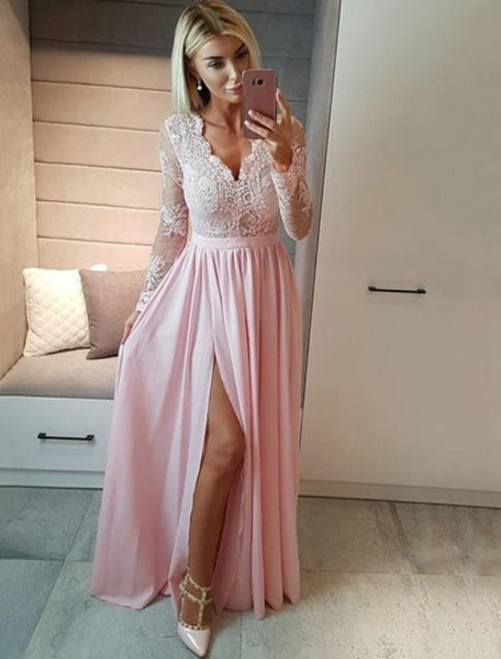 V Neck Floor Length Appliques Lace Red Prom Dresses With Slit Long Sleeves Evening Dresses