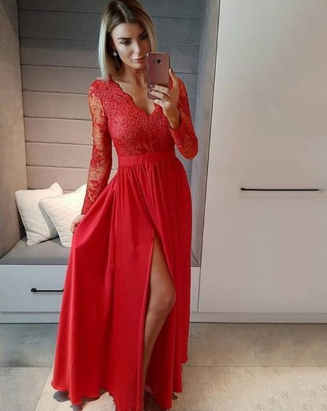 V Neck Floor Length Appliques Lace Red Prom Dresses With Slit Long Sleeves Evening Dresses