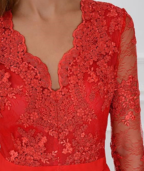 V Neck Floor Length Appliques Lace Red Prom Dresses With Slit Long Sleeves Evening Dresses