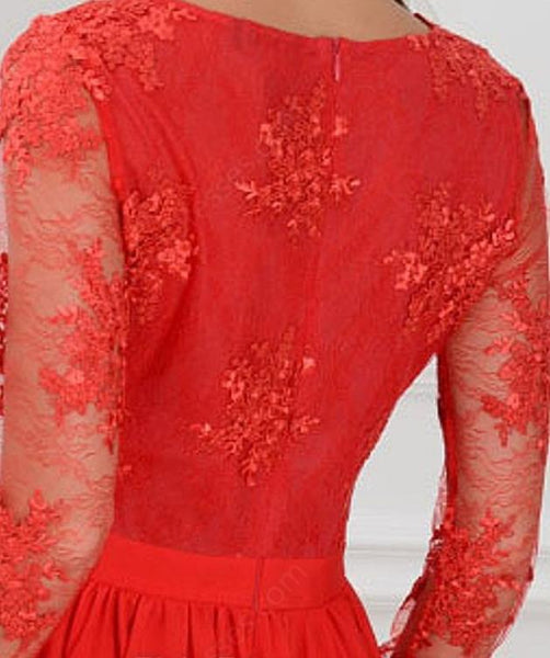 V Neck Floor Length Appliques Lace Red Prom Dresses With Slit Long Sleeves Evening Dresses