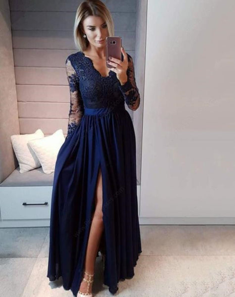 V Neck Floor Length Appliques Lace Red Prom Dresses With Slit Long Sleeves Evening Dresses