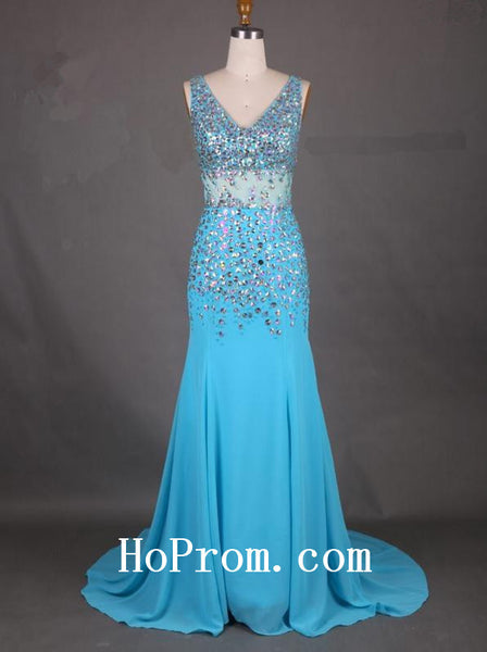 Court Train Prom Dresses,Blue Prom Dress,Evening Dress