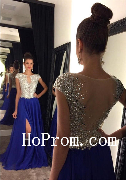 Short Sleeve Prom Dresses,Crystal Blue Prom Dress,Evening Dress