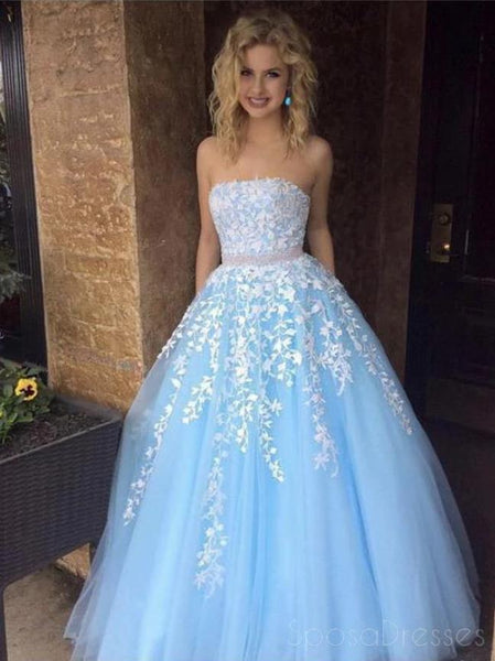 Strapless Beaded Applique Blue Prom Dresses Lace Evening Dresses