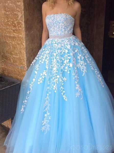 Strapless Beaded Applique Blue Prom Dresses Lace Evening Dresses
