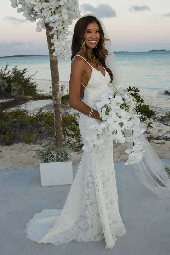 Lace Custom Size Bridal Wedding Dress, Spaghetti Straps Backless Beach –  Hoprom