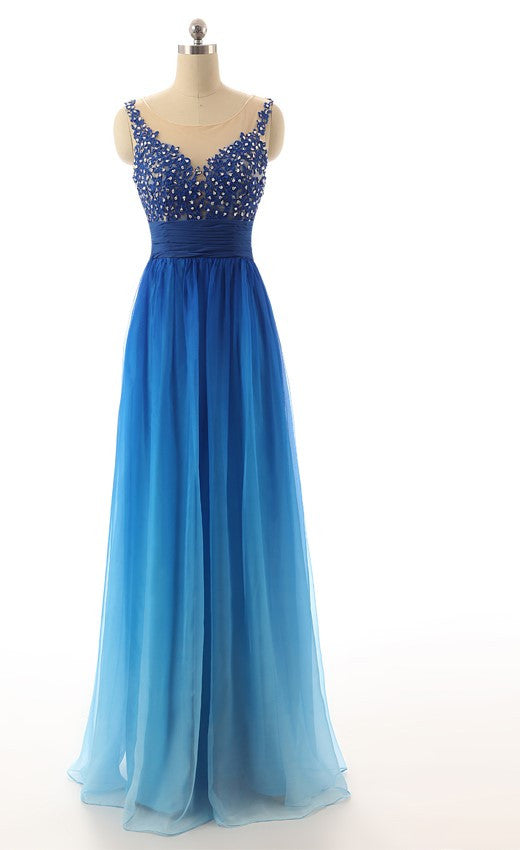 Ombre Blue Prom Dresses,Illusion Back Prom Dress,Beaded Evening Dress