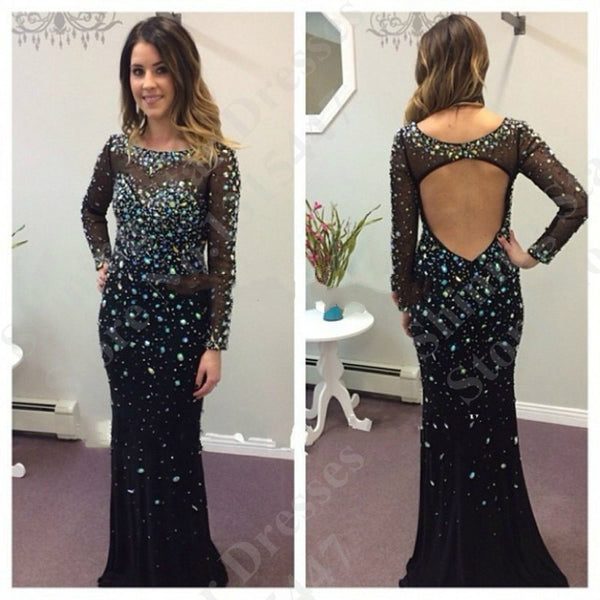 Backless Beading Prom Dresses,Black Prom Dress,Evening Dress