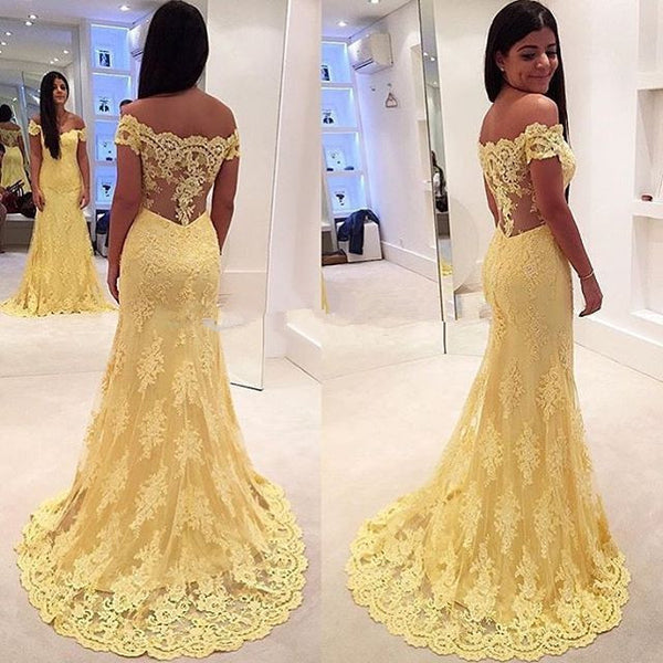 Yellow Lace Prom Dresses,Off Shoulder Prom Dress,Evening Dress
