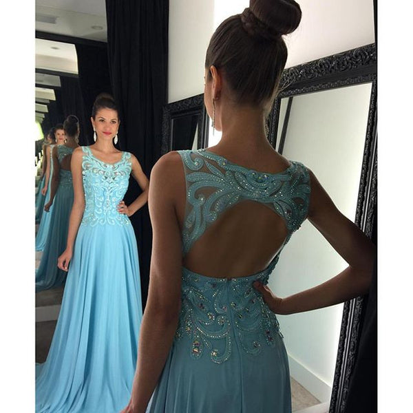 Sleeveless Prom Dresses,Backless Prom Dress,Blue Evening Dress