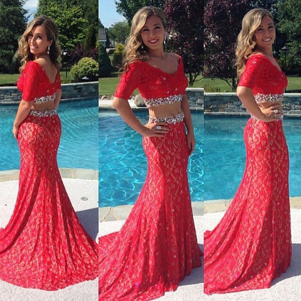 Red Prom Dresses,Lace Prom Dress,Long Evening Dress