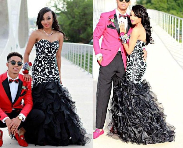 Black Prom Dresses,Applioque Prom Dress,Ruffles Evening Dress