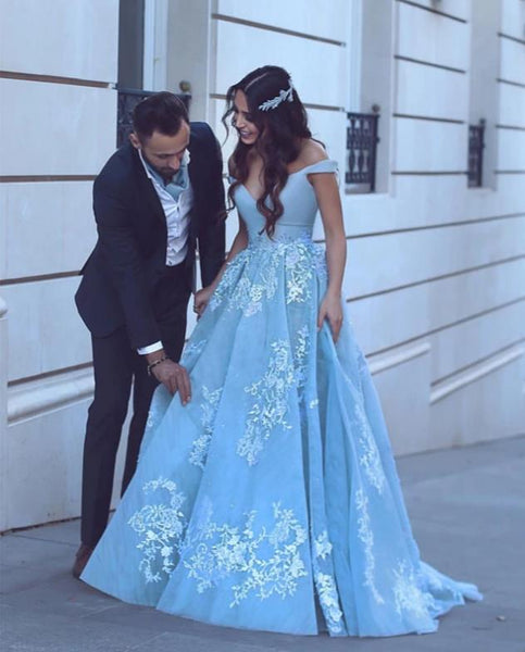 The Off Shoulder Blue Prom Dresses V Neck Prom Ball Gown