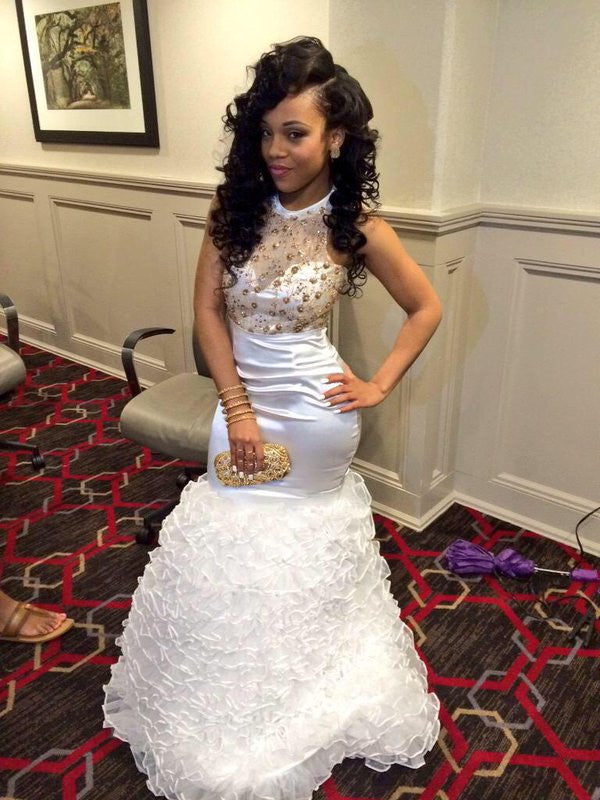 White Prom Dresses,Sheath Prom Dress,Ruffles Evening Dress Hoprom White Prom Dresses,Sheath Prom Dress,Ruffles Evening Dress Hoprom