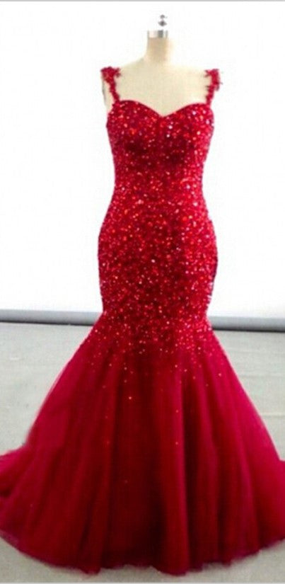 Red Prom Dresses,Mermaid Prom Dress,Straps Evening Dress