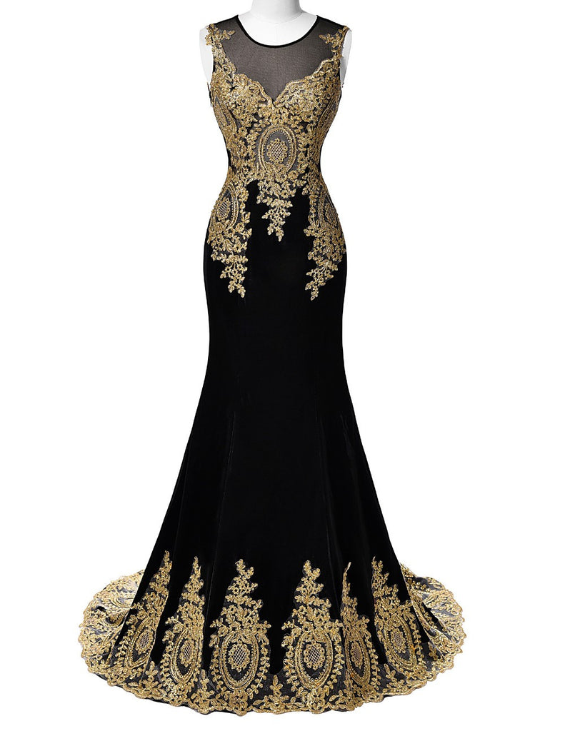 black prom dress with gold beading La Femme 32976 High Neckline Evening Gown