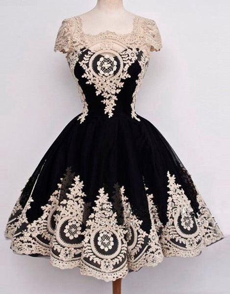 Applique Prom Dresses,Short Prom Dress,Black Evening Dress