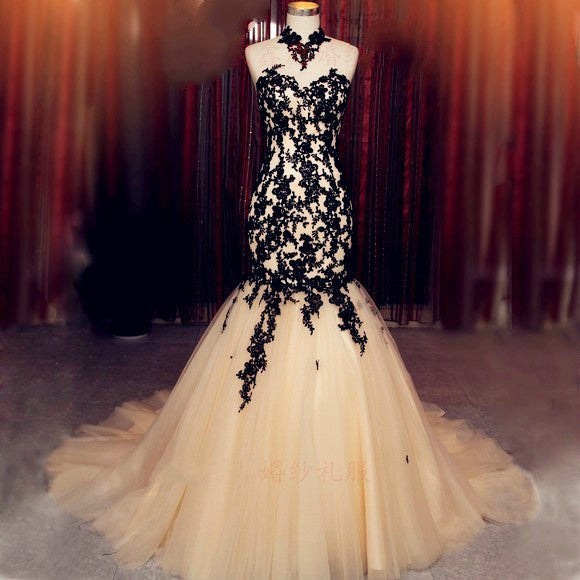 Mermaid Prom Dresses,Black Prom Dress,Applique Evening Dress