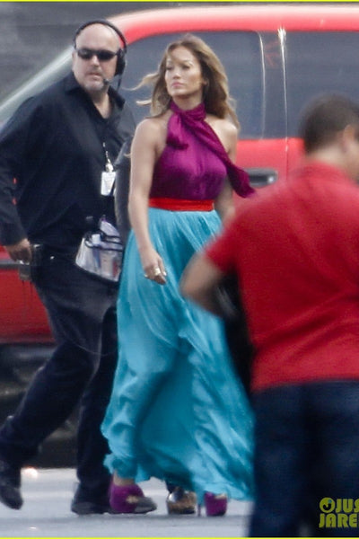 Purple Blue Jennifer Lopez (J.Lo) Choker Neck Dress Open Back Prom Celebrity Dress ‘American Idol’ Show