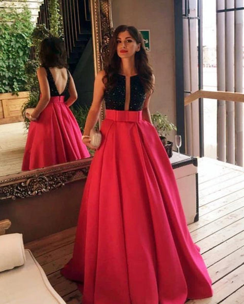 Beaded Open Back Prom Dresses Top Bow Satin Long Prom Dress