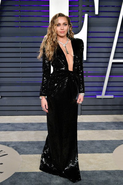 Black Milly Cyrus Sexy Long Sleeves Low Neck Dress Sequins Sparkly Prom Celebrity Formal Dress Vanity Fair Oscar