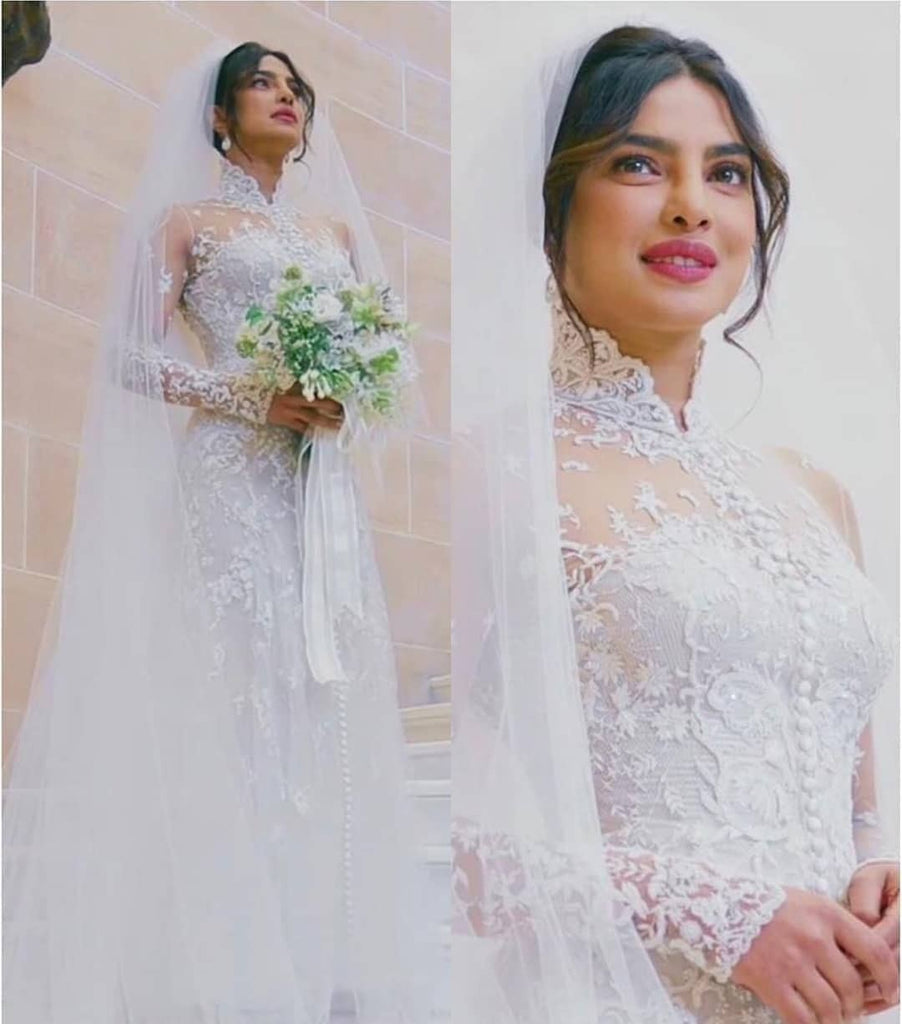 White Priyanka Chopra Lace Long Sleeves High Neck Wedding Dress Celebr – Hoprom White Priyanka Chopra Lace Long Sleeves High Neck Wedding Dress Celebr – Hoprom
