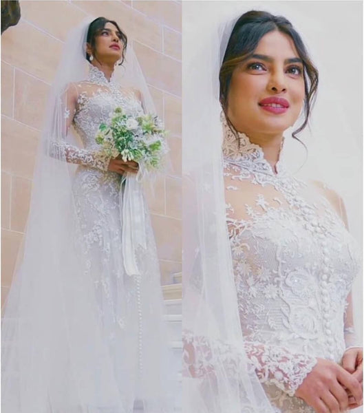 White Priyanka Chopra Lace Long Sleeves High Neck Wedding Dress Celebrity Sheer Bridal Dress For Sale Online