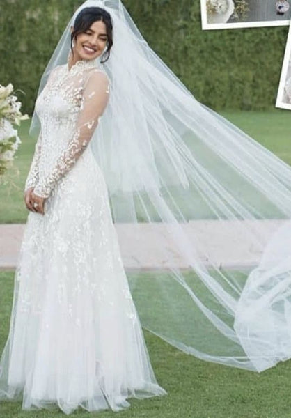 White Priyanka Chopra Lace Long Sleeves High Neck Wedding Dress Celebrity Sheer Bridal Dress For Sale Online