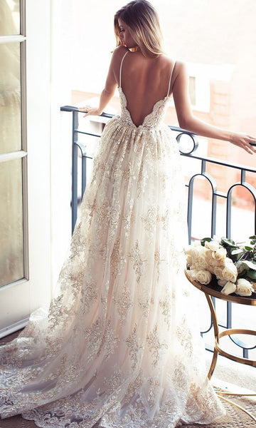 Spaghetti Straps Low Back Wedding Dress, Appliques Lace Bridal Gown
