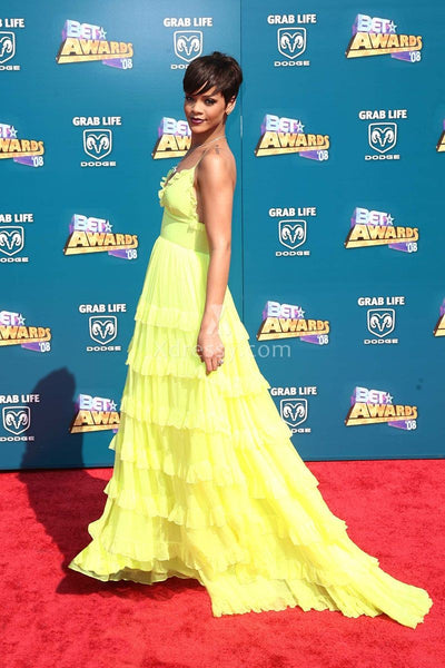 Yellow Rihanna Chiffon V Neck Empire Waist Dress Best Prom Red Formal Carpet Dress BET Awards