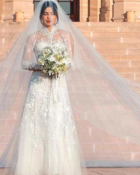 White Priyanka Chopra Lace Long Sleeves High Neck Wedding Dress Celebrity Sheer Bridal Dress For Sale Online