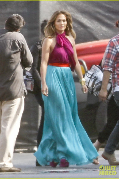 Purple Blue Jennifer Lopez (J.Lo) Choker Neck Dress Open Back Prom Celebrity Dress ‘American Idol’ Show