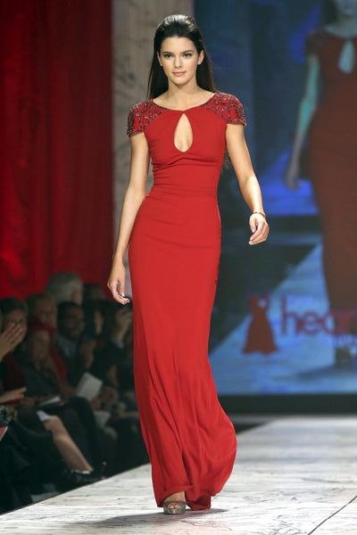 Red Kendall Jenner Cut Out Cup Sleeves Sequins Celebrity Formal Dress The Heart Truth Fashion Show