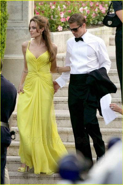 Yellow Angelina Jolie Pretty Knot Dress V Neck Prom Celebrity Formal Gown Best Red Carpet Dress Cannes