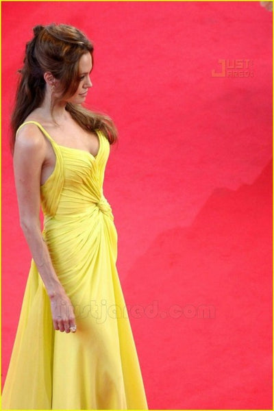 Yellow Angelina Jolie Pretty Knot Dress V Neck Prom Celebrity Formal Gown Best Red Carpet Dress Cannes