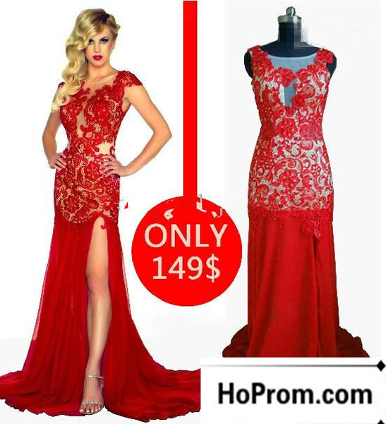 Red Lace Side Slit Long Prom Dress Evening Dresses